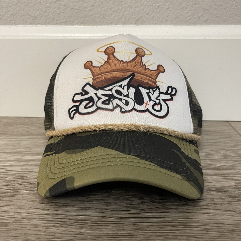 Jesus JNCO Style With Crown Trucker Camo Hat Customed With Rope